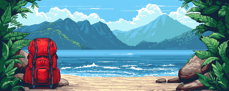 un sac &agrave; dos pos&eacute; sur une plage avec espace vide au centre - pixel art