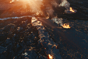Volcanic eruption process. Landscape of volcano with exploding and flowing lava and magma. Hot volcanic magma eruption and exploding with smoke infernal. Natural disaster concept