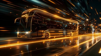 A modern bus in black and gold speeds by, creating light streaks against a backdrop of sleek, tech lines.