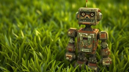 A charming vintage robot stands among lush green grass, evoking a nostalgic yet futuristic vibe.