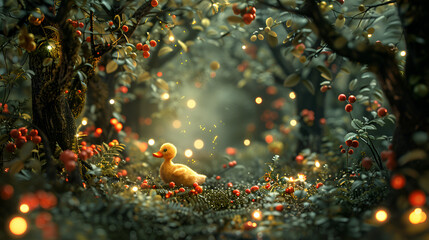Enchanted Encounter: A Duckling's Stroll Through a Fairy Forest
