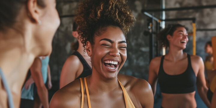 Fitness, laughing and friends at the gym for training, diverse pilates class for active healthy lifestyle. exercise in a group for a workout, cardio or yoga in a studio 