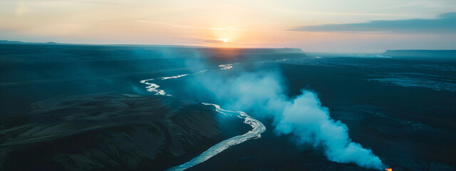 Volcanic eruption process. Landscape of volcano with exploding and flowing lava and magma. Hot volcanic magma eruption and exploding with smoke infernal. Natural disaster concept