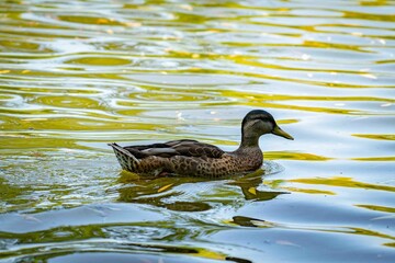 Fototapeta premium Brown-feathered duck leisurely swimming in a calm pond
