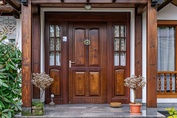 Traditional cheap front entrance door with wood, brown wooden style 