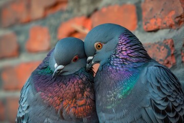 Two doves pigeons sit on a branch and hug, brick wall background