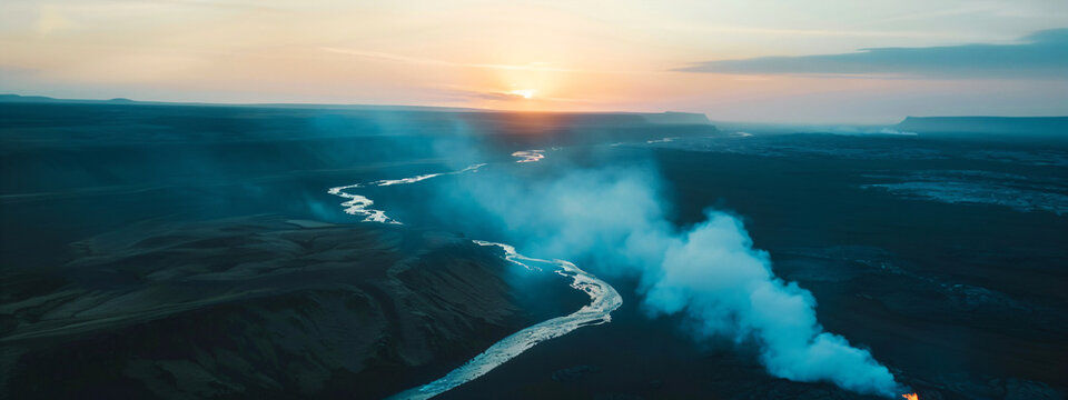 Volcanic eruption process. Landscape of volcano with exploding and flowing lava and magma. Hot volcanic magma eruption and exploding with smoke infernal. Natural disaster concept