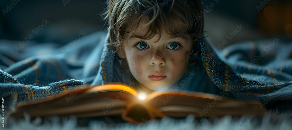 Wall mural A child reading a ghost story book by flashlight under a blanket on Halloween night - Wall murals