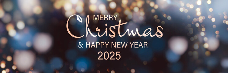 Christmas Card - Merry Christmas and Happy New Year 2025 - beautiful background banner with festive bokeh lights - panorama,  header, xmas greetings