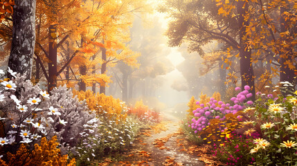 pathway with trees and flowers in autumn forest