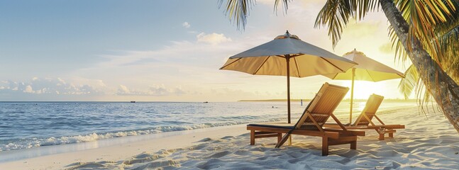Beach Chairs and Umbrella at Tropical Sea