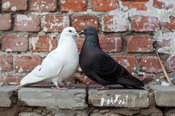 Two doves pigeons sit on a branch and hug, brick wall background