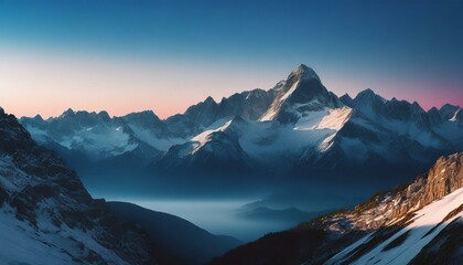 A serene mountain landscape at sunrise with a clear sky and vibrant colors.