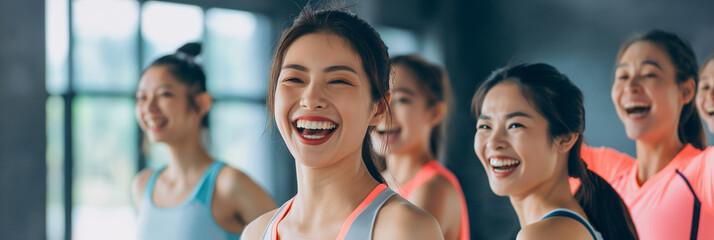 Fitness, laughing and friends at the gym for training, Asian pilates class for active healthy lifestyle. exercise in a group for a workout, cardio or yoga in a studio 