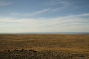 Barren landscape in the desert featuring sand dunes and patches of grass