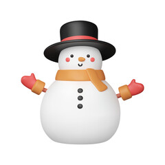 Cute 3d snowman in black hat, scarf and mittens on branches. Rendering of winter snowy elegant character with smiling face. New Year and Christmas cartoon symbol. Vector isolated illustration.