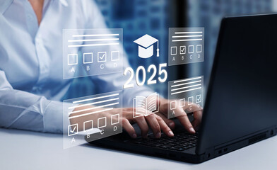  2025 E-learning, education, online exam concept.Choose correct answer. Education internet online...