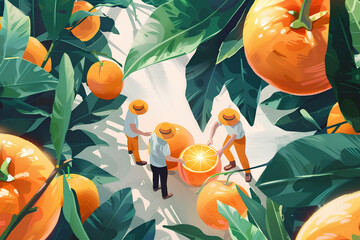 大きなオレンジと収穫する人たち-1
