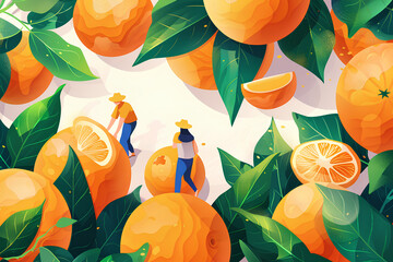 大きなオレンジと収穫する人たち-1