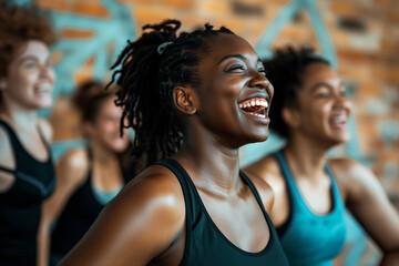 Fototapeta premium Fitness, laughing and friends at the gym for training, Black pilates class for active healthy lifestyle. exercise in a group for a workout, cardio or yoga in a studio 