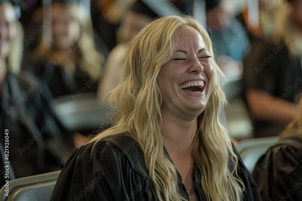 Poster Joyful woman with long blonde hair laughing