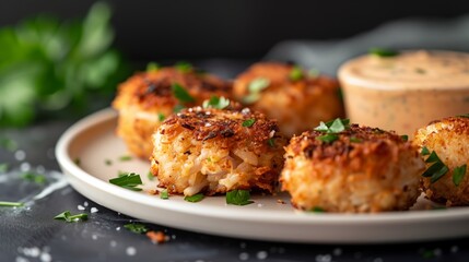 crab cakes being plated from the air fryer, golden brown and packed with flavor with a side of remoulade sauce
