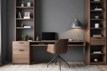 Modern Grey And Walnut Toned Study Room Design With Wall Unit