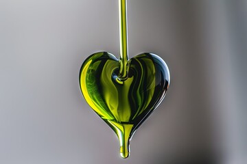 Obraz premium Shimmering green glass heart pendant on neutral background