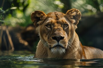 Majestic lion swimming in water