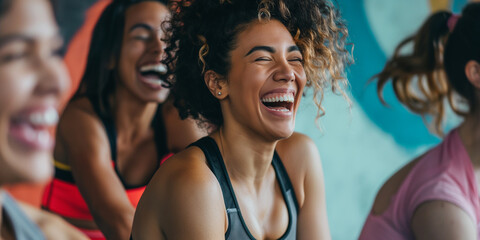 Fitness, laughing and friends at the gym for training, pilates class for active healthy lifestyle. exercise in a group for a workout, cardio or yoga in a studio 