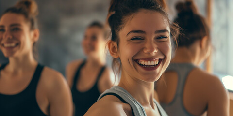 Fitness, laughing and friends at the gym for training, pilates class for active healthy lifestyle. exercise in a group for a workout, cardio or yoga in a studio 