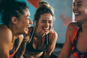 Fitness, laughing and friends at the gym for training, pilates class for active healthy lifestyle. exercise in a group for a workout, cardio or yoga in a studio 