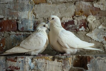 Two doves pigeons sit on a branch and hug, brick wall background