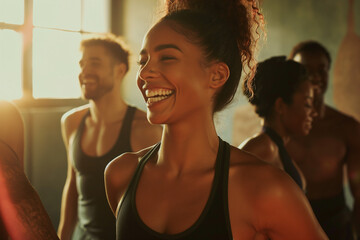 Fitness, laughing and friends at the gym for training, pilates class for active healthy lifestyle. exercise in a group for a workout, cardio or yoga in a studio 