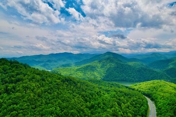 Obraz premium Aerial view of lush green forests and a tranquil lake nestled in a picturesque landscape.