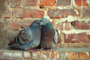 Obraz premium Two doves pigeons sit on a branch and hug, brick wall background