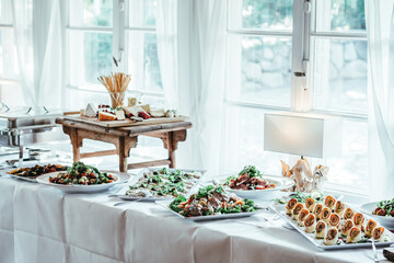 catering einer Hochzeit, Fest, Party, Geburtstag. Käse, Weintrauben, Grissini, Lachsrollen, Salat, Deko, Gemüse, gesund, lecker frisch