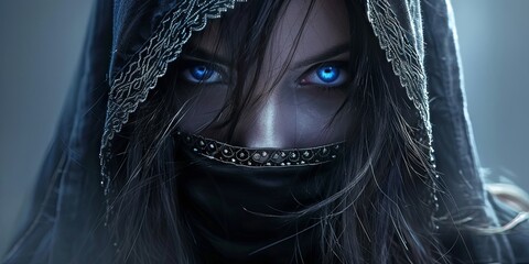 Mysterious blue eyes peering from shadowy veil