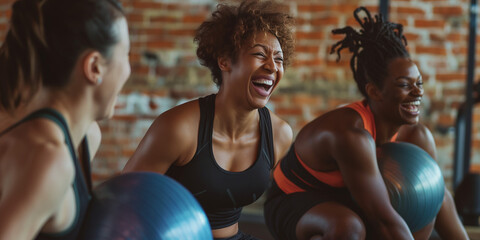 Fitness, laughing and friends at the gym for training, black seniors pilates class for active retirement lifestyle. exercise in a group for a workout, cardio or yoga in a studio 
