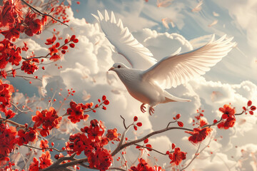 A dove, pigeon flies against the background of a sunny sky and beautiful flowers