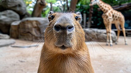 Curious capybara close-up with giraffe in background