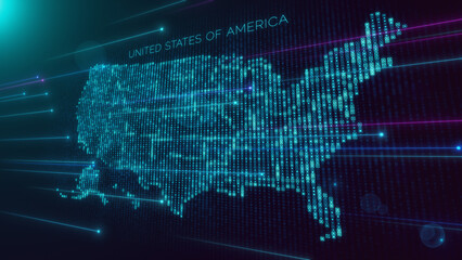 Abstract Futuristic Blue Violet Shiny Perspective Square Hud Particles Mosaic Grid And Text Of Faint Administrative USA Map With Dotted Lines Light Flare