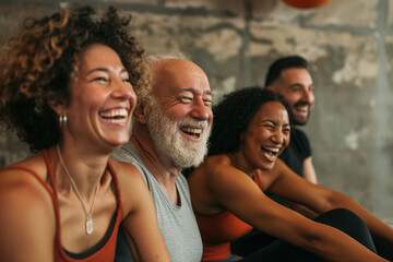 Obraz premium Fitness, laughing and friends at the gym for training, seniors pilates class for active retirement lifestyle. exercise in a group for a workout, cardio or yoga in a studio 