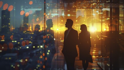 Silhouette of Business People Against City Lights