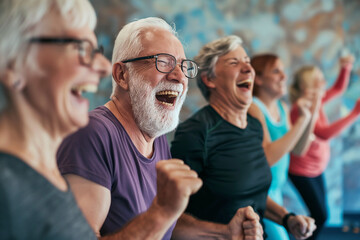 Fitness, laughing and friends at the gym for training, seniors pilates class for active retirement lifestyle. exercise in a group for a workout, cardio or yoga in a studio 