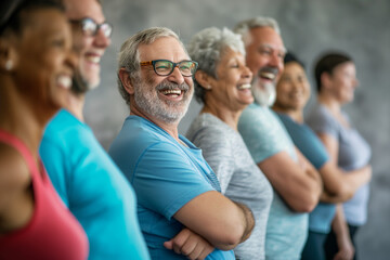 Obraz premium Fitness, laughing and friends at the gym for training, seniors pilates class for active retirement lifestyle. exercise in a group for a workout, cardio or yoga in a studio 