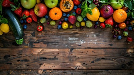 A hardwood table decorated with an assortment of fresh fruits and vegetables, capturing the beauty...