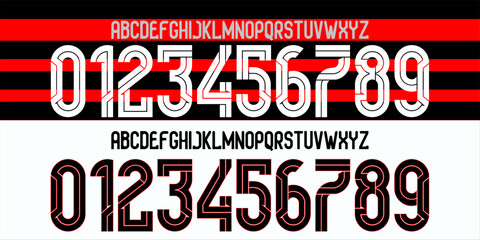 font vector team 2024-2025 kit sport style font. football style font with lines. Flamengo football font. sports style letters and numbers for soccer team. Home Away