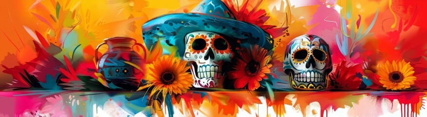 Three painted skulls with flowers.
