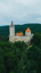 Fototapeta premium Drone view of the Kokorin Hrad castle in the middle of a forest in the country of Czech Republic.